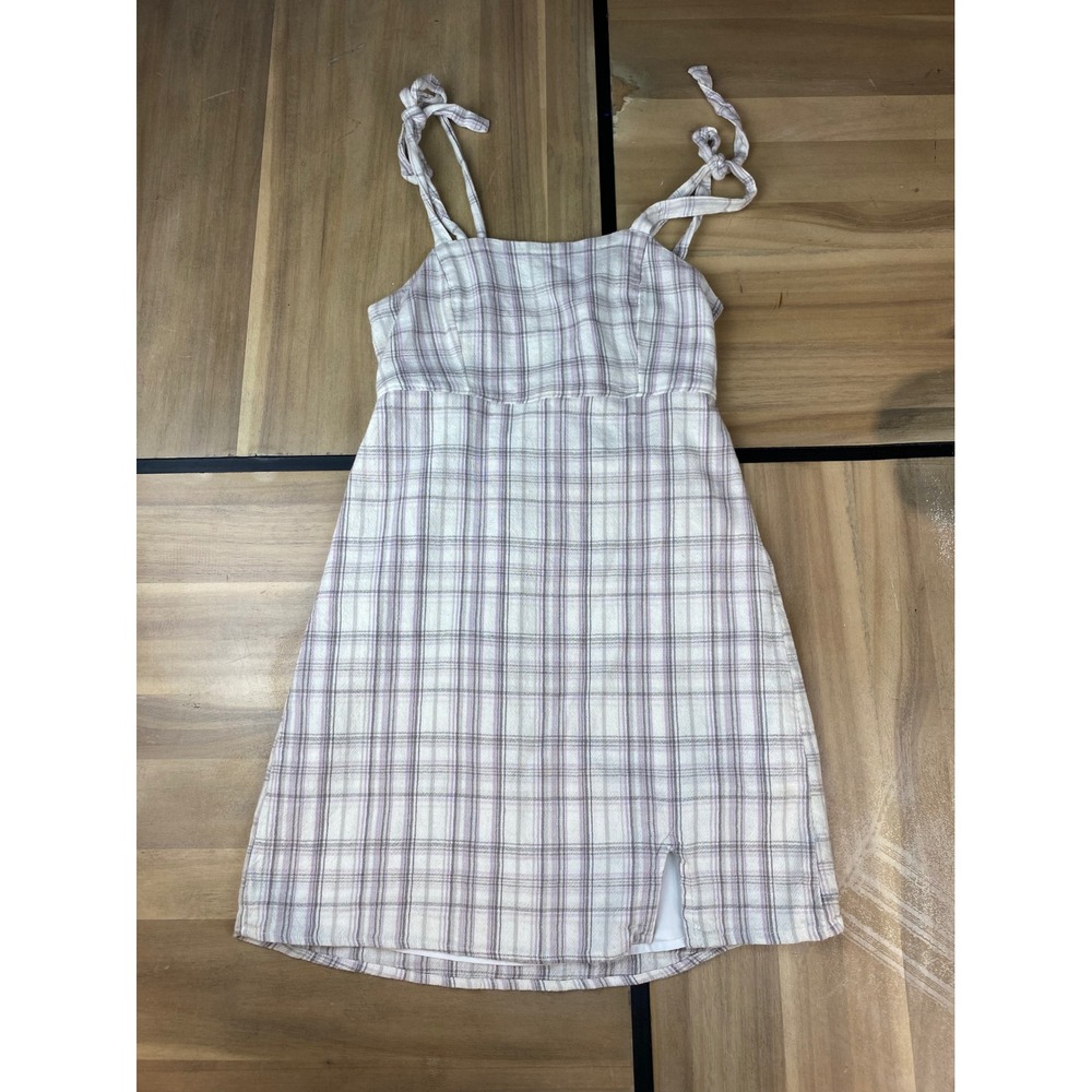 Hollister Plaid Mini Dress Purple Grey White Tie Strap Smocked Back Small Slit S